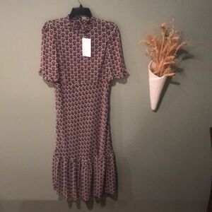 Zara Woman Heart Print Midi Dress M. NWT Ruffle Sleeve Open Back Tie At Neck